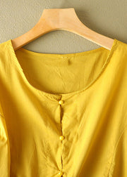 Women Yellow O-Neck Patchwork Wrinkled Cotton Shirt Bracelet Sleeve