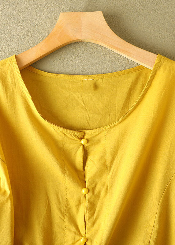 Women Yellow O-Neck Patchwork Wrinkled Cotton Shirt Bracelet Sleeve