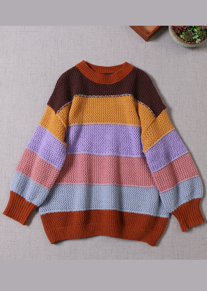 Gestreifter Strickpullover mit gelbem O-Ausschnitt für Damen Frühling