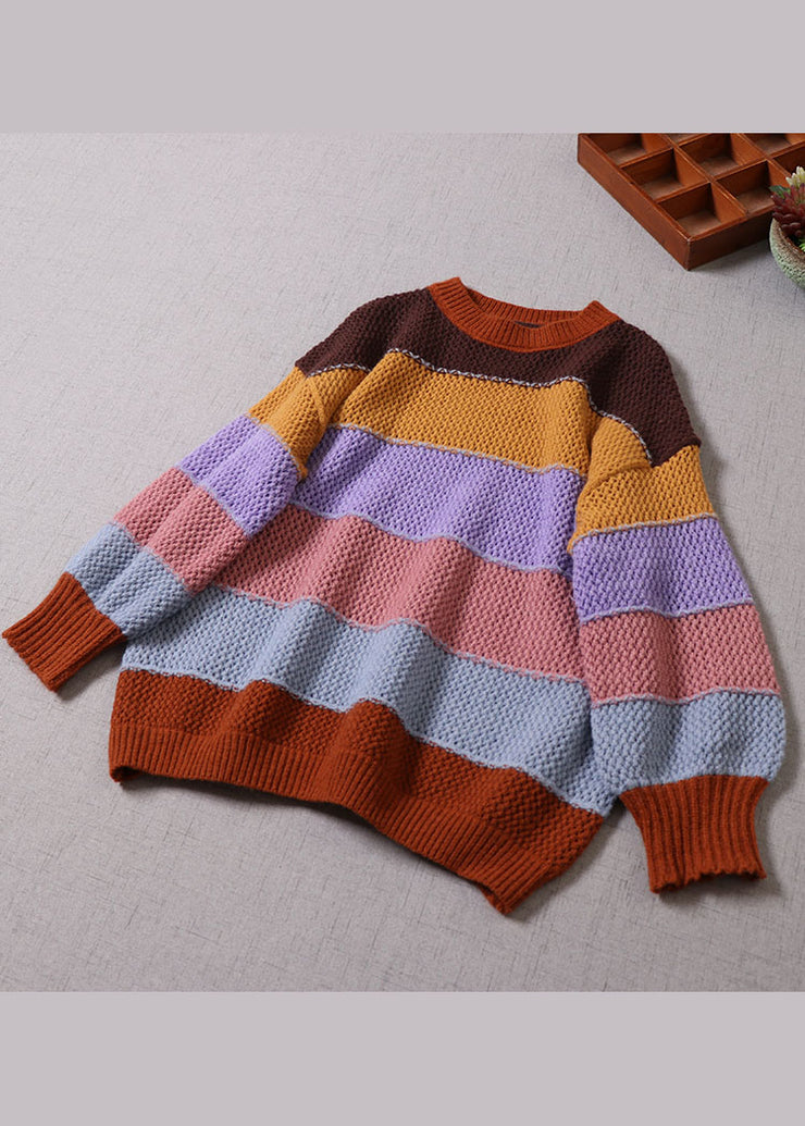 Gestreifter Strickpullover mit gelbem O-Ausschnitt für Damen Frühling