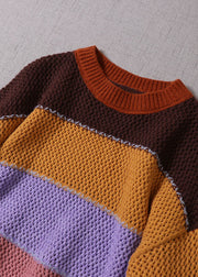 Gestreifter Strickpullover mit gelbem O-Ausschnitt für Damen Frühling