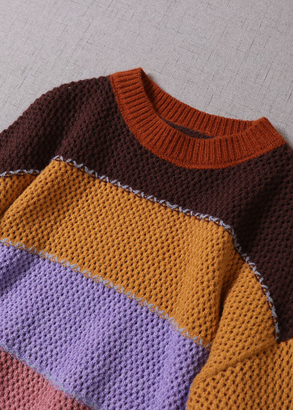 Gestreifter Strickpullover mit gelbem O-Ausschnitt für Damen Frühling