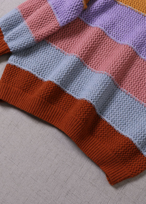 Gestreifter Strickpullover mit gelbem O-Ausschnitt für Damen Frühling