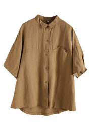 Women Yellow Peter Pan Collar asymmetrical design Cotton Linen Shirts Summer - SooLinen