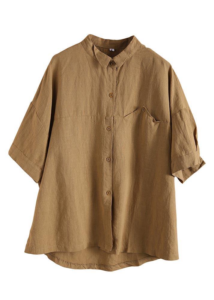 Women Yellow Peter Pan Collar asymmetrical design Cotton Linen Shirts Summer - SooLinen