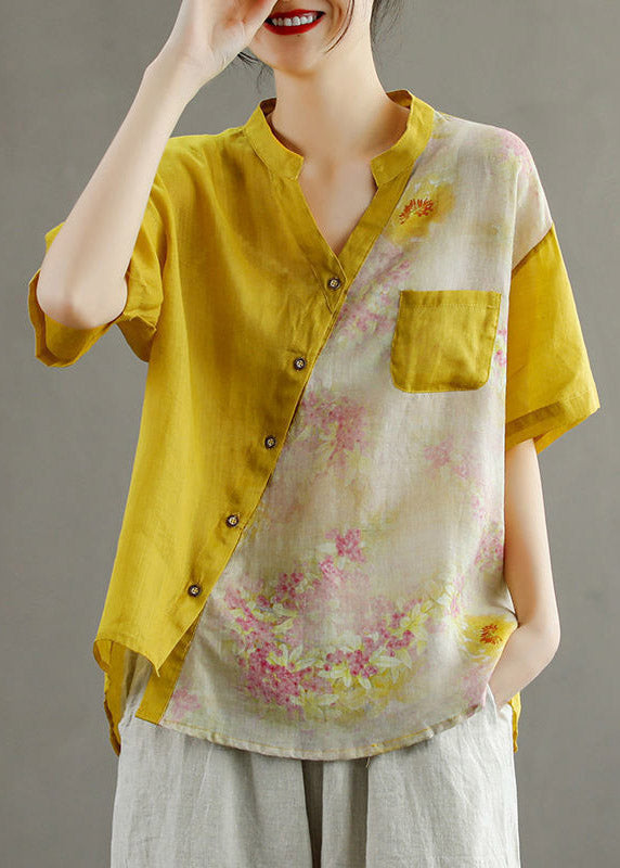 Frauen Gelb V-Ausschnitt Asymmetrische Print Bluse Tops Kurzarm