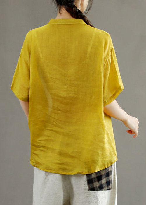 Frauen Gelb V-Ausschnitt Asymmetrische Print Bluse Tops Kurzarm