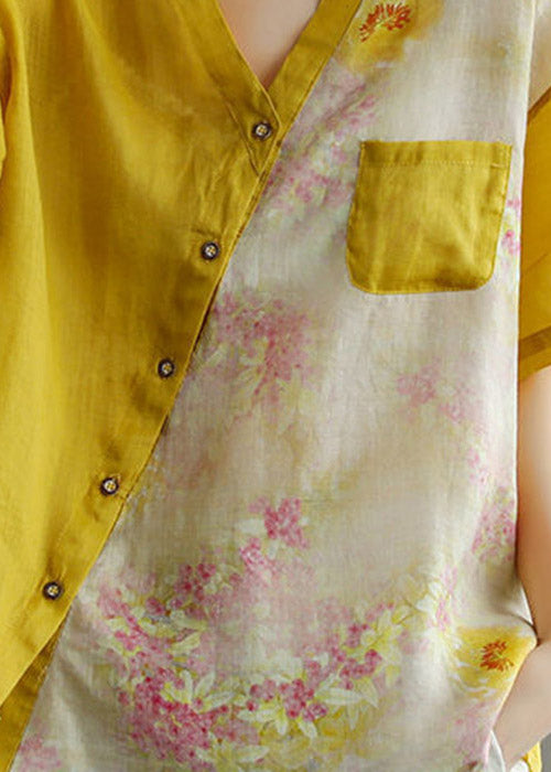Frauen Gelb V-Ausschnitt Asymmetrische Print Bluse Tops Kurzarm