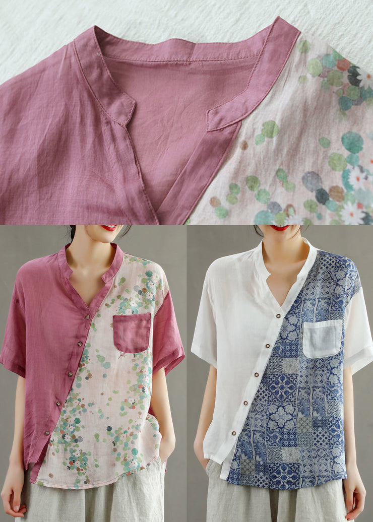 Frauen Gelb V-Ausschnitt Asymmetrische Print Bluse Tops Kurzarm