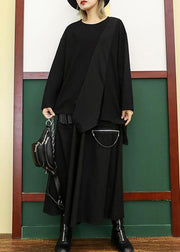 Women asymmetric cotton linen tops black shirts o neck patchwork - SooLinen