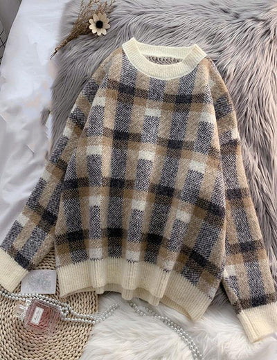 Women beige crane tops warm plus size plaid knit sweat tops - SooLinen