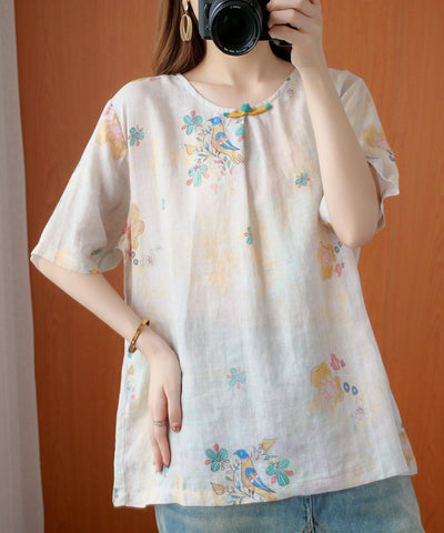 Women beige gray print women blouses o neck silhouette top - SooLinen