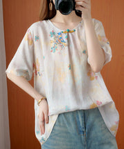 Women beige gray print women blouses o neck silhouette top - SooLinen