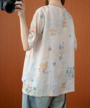 Women beige gray print women blouses o neck silhouette top - SooLinen