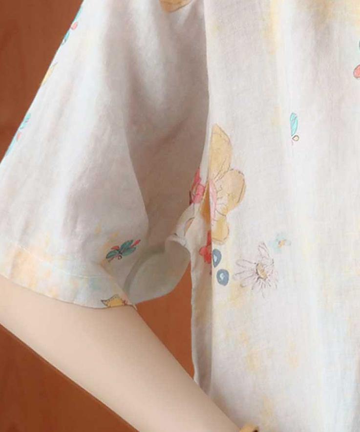 Women beige gray print women blouses o neck silhouette top - SooLinen