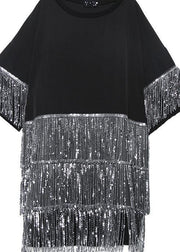 Women black Cotton dress o neck tassel summer Dresses - SooLinen