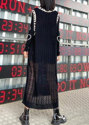 Women black Letter Sweater dresses Largo v neck side open Art  knit dress - SooLinen