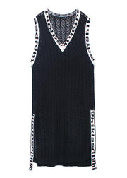 Women black Letter Sweater dresses Largo v neck side open Art  knit dress - SooLinen