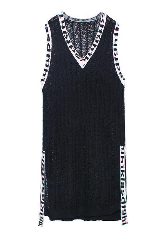 Women black Letter Sweater dresses Largo v neck side open Art  knit dress - SooLinen