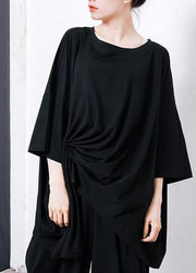 Women black Pakistani Irregular Design Unique cotton clothes For Pleated Solid Color T-Shirt - SooLinen