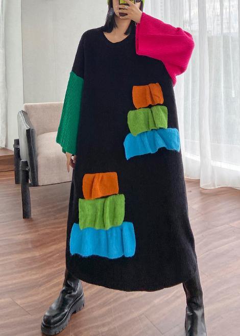 Women black Sweater Aesthetic Refashion o neck patchwork DIY knit dresses - SooLinen