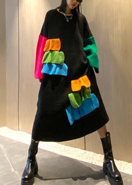 Women black Sweater Aesthetic Refashion o neck patchwork DIY knit dresses - SooLinen