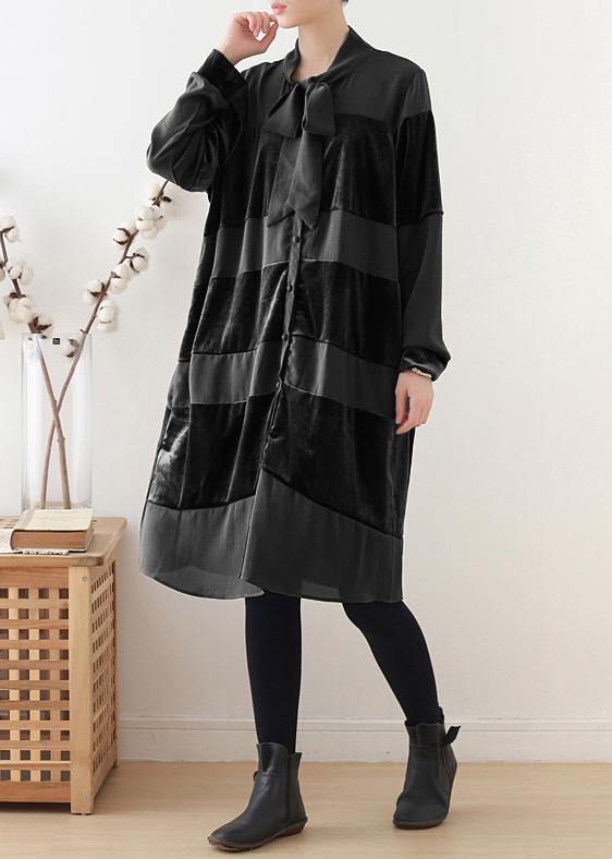 Women black Tunics o neck patchwork robes fall Dresses - SooLinen
