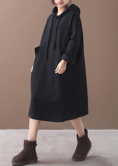 Women black cotton clothes Women hooded long winter Dress - SooLinen
