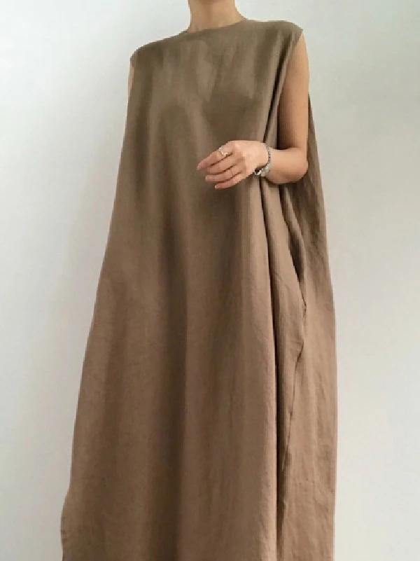 Women black cotton linen Robes o neck side open cotton robes Dresses - SooLinen