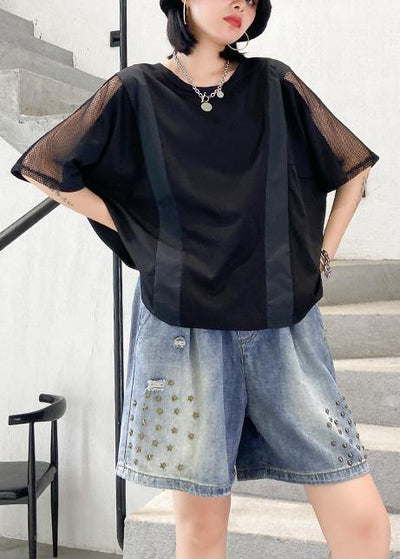 Women black cotton shirts o neck patchwork tulle summer blouses - SooLinen