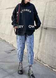 Women black cotton shirts patchwork alphabet loose spring tops - SooLinen