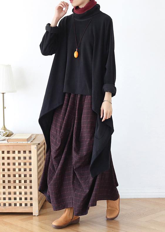 Women black knit blouse asymmetric hem oversize high neck knit tops - SooLinen