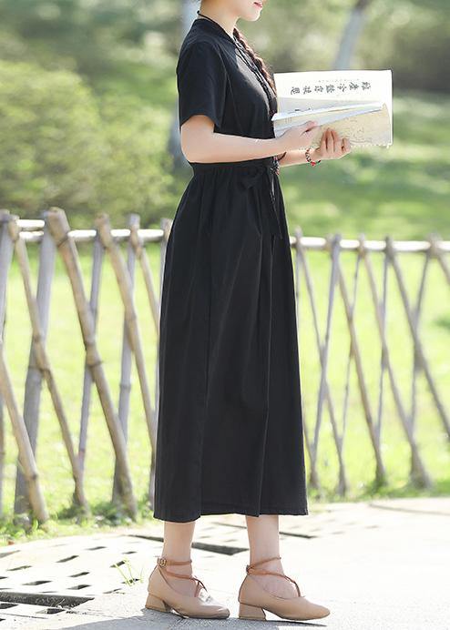 Women black linen cotton Robes 2019 Shape tie waist Maxi summer Dress - SooLinen