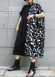 Women black patchwork cotton clothes For Women Square Collar A Line summer Dresses - SooLinen