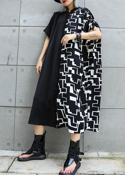 Women black patchwork cotton clothes For Women Square Collar A Line summer Dresses - SooLinen