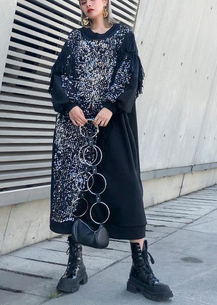 Women black patchwork cotton clothes Women o neck tassel Sequined long Dresses - SooLinen