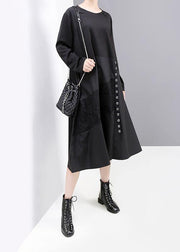 Women black patchwork cotton quilting dresses long sleeve Robe o neck Dresses - SooLinen
