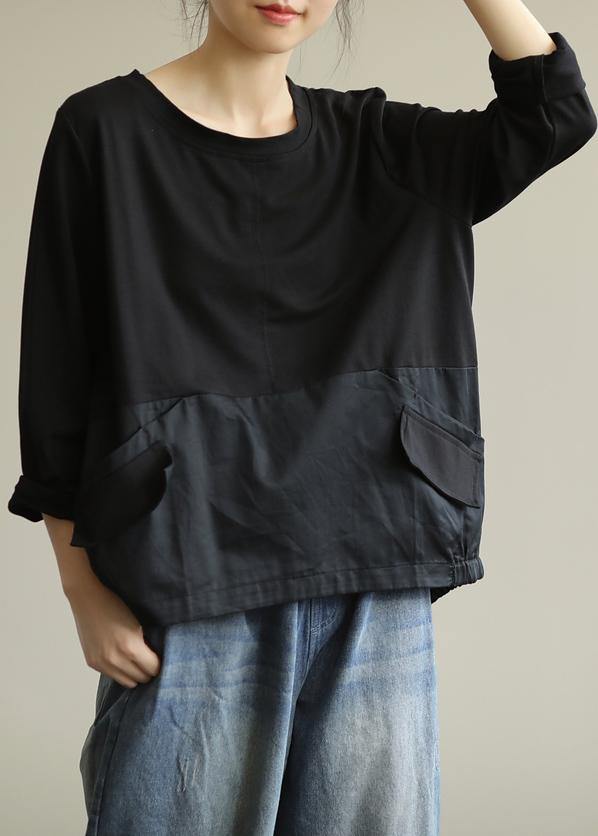 Women black patchwork plaid shirts o neck tunic blouse - SooLinen