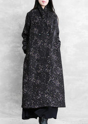 Women black print Plus Size tunic coat Fashion Ideas Notched pockets coat - SooLinen