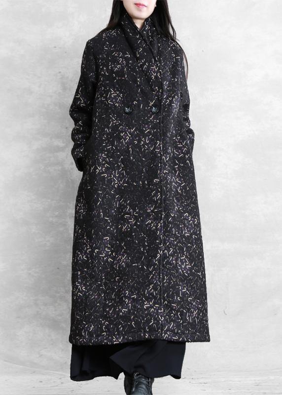 Women black print Plus Size tunic coat Fashion Ideas Notched pockets coat - SooLinen