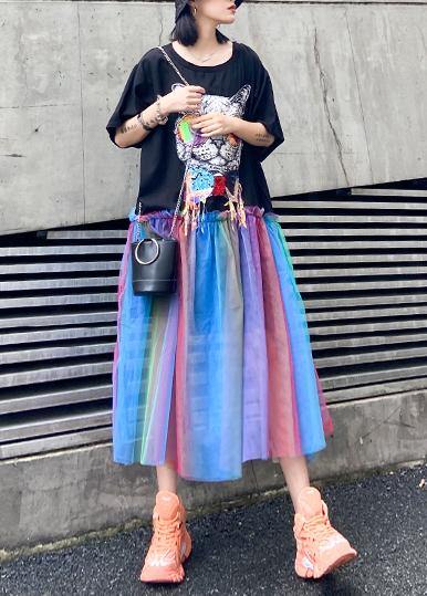 Women black print cotton dresses patchwork tulle A Line Dresses - SooLinen