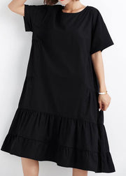 Women black ruffles cotton Wardrobes short sleeve cotton Dresses - SooLinen