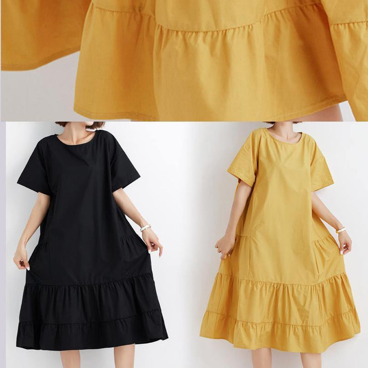 Women black ruffles cotton Wardrobes short sleeve cotton Dresses - SooLinen