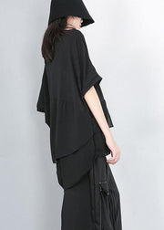 Women black shirts women Fine Cotton Chiffon Spliced Solid Irregular Blouse - SooLinen
