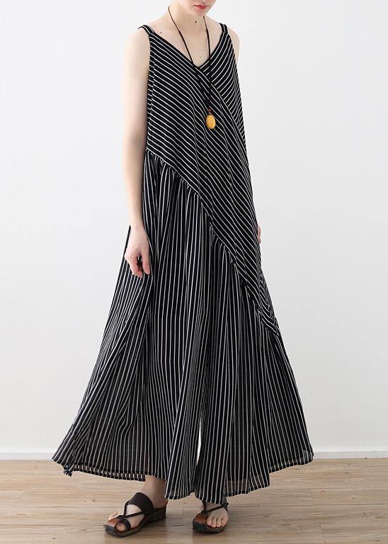 Women black striped chiffon clothes Boho Outfits Spaghetti Strap asymmetric Robe Summer Dresses - SooLinen