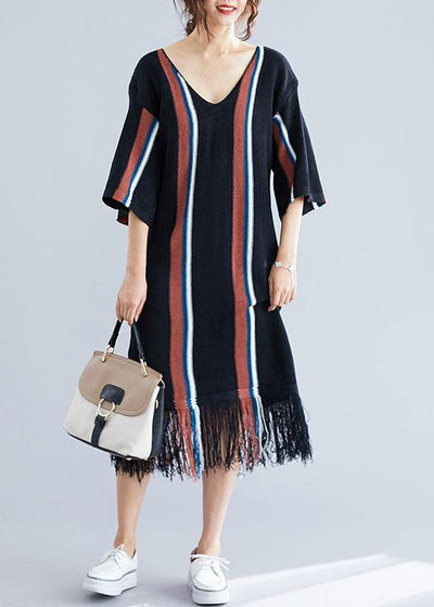 Women black v neck cotton tunics for women tassel Traveling summer Dress - SooLinen