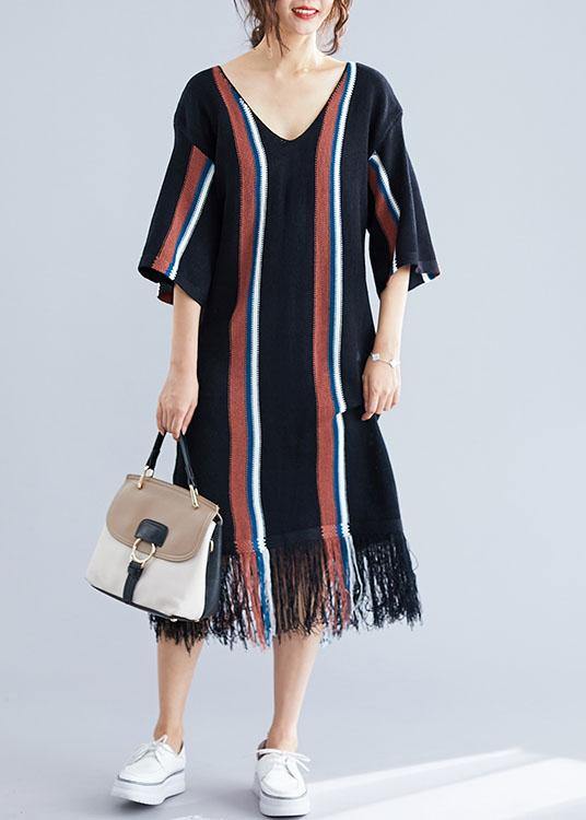 Women black v neck cotton tunics for women tassel Traveling summer Dress - SooLinen