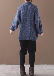 Women blue Sweater Blouse lapel collar oversize patchwork sweaters - SooLinen