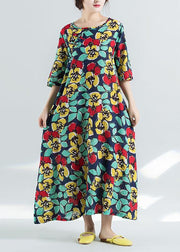 Women blue prints cotton linen dresses half sleeve cotton robes sundress Dresses - SooLinen