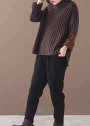 Women brown knit tops patchwork sleeve casual high neck sweaters - SooLinen